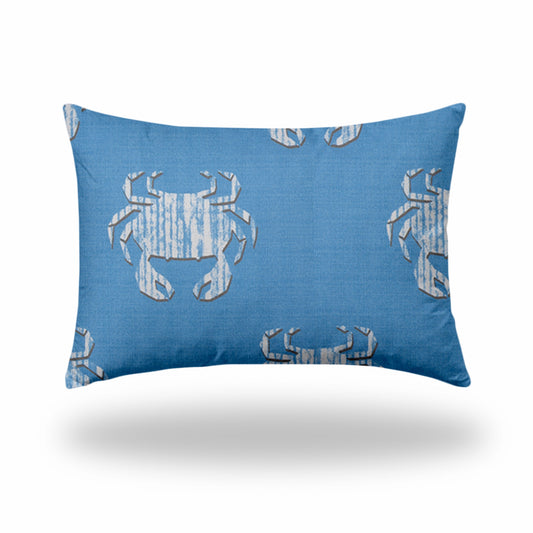 14" X 20" Blue And White Crab Blown Seam Coastal Lumbar Indoor Outdoor Pillow