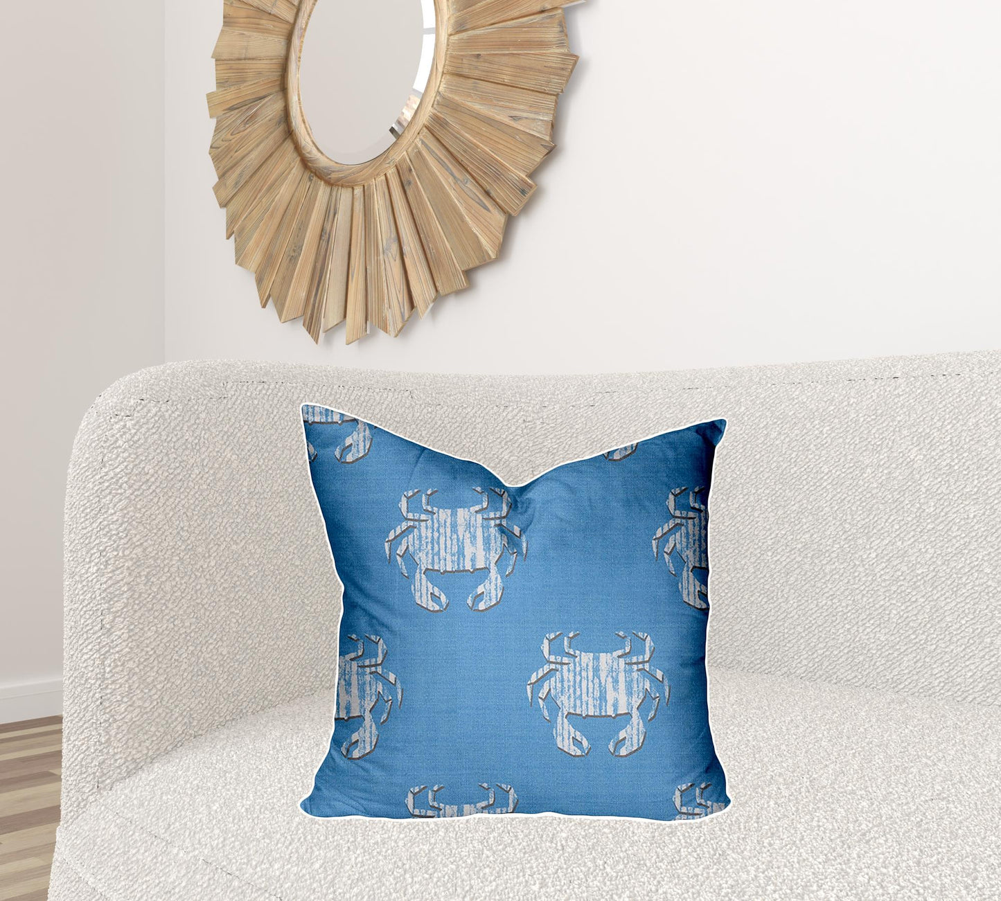 12" X 16" Blue And White Crab Blown Seam Coastal Lumbar Indoor Outdoor Pillow