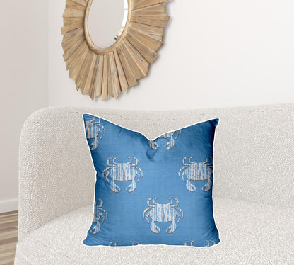 12" X 16" Blue And White Crab Blown Seam Coastal Lumbar Indoor Outdoor Pillow