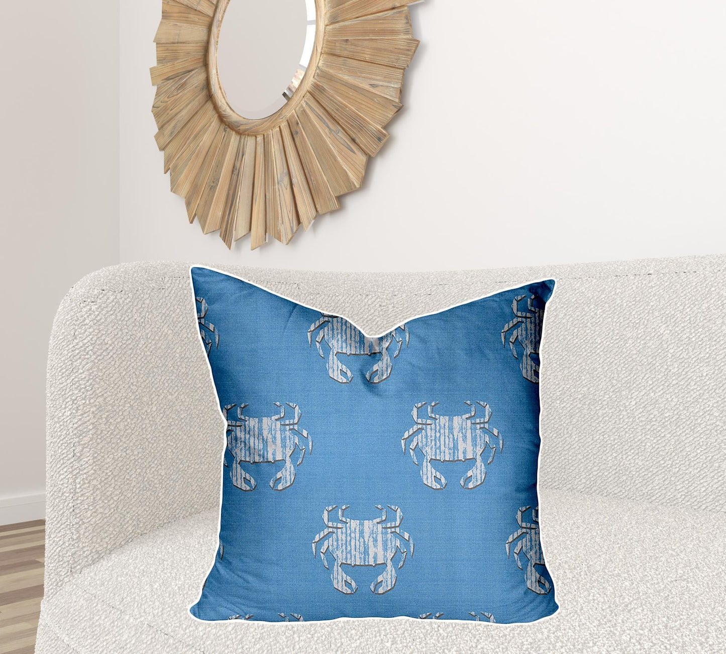 12" X 16" Blue And White Crab Enveloped Coastal Lumbar Indoor Outdoor Pillow