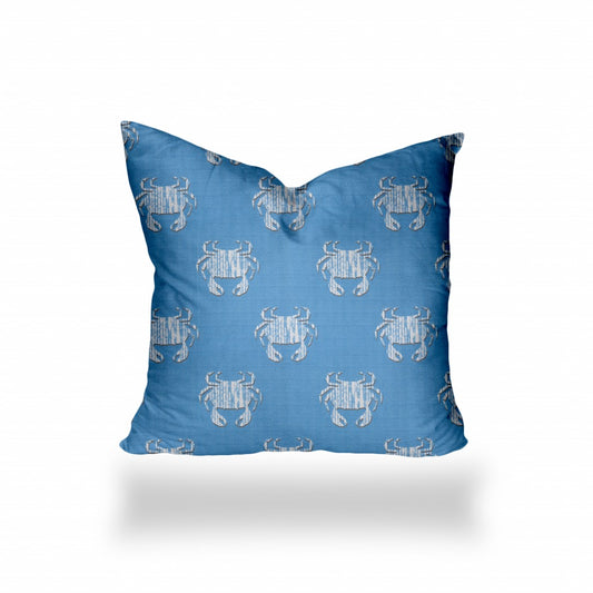 36" X 36" Blue And White Crab Enveloped Coastal Throw Indoor Outdoor Pillow Cover