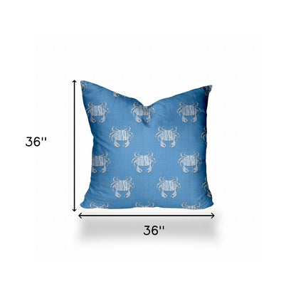 36" X 36" Blue And White Crab Enveloped Coastal Throw Indoor Outdoor Pillow Cover