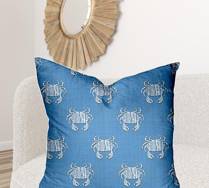 12" X 16" Blue And White Crab Enveloped Coastal Lumbar Indoor Outdoor Pillow