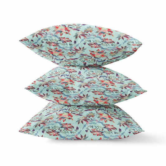 20" Red Aqua Roses Suede Throw Pillow FurniFindUSA