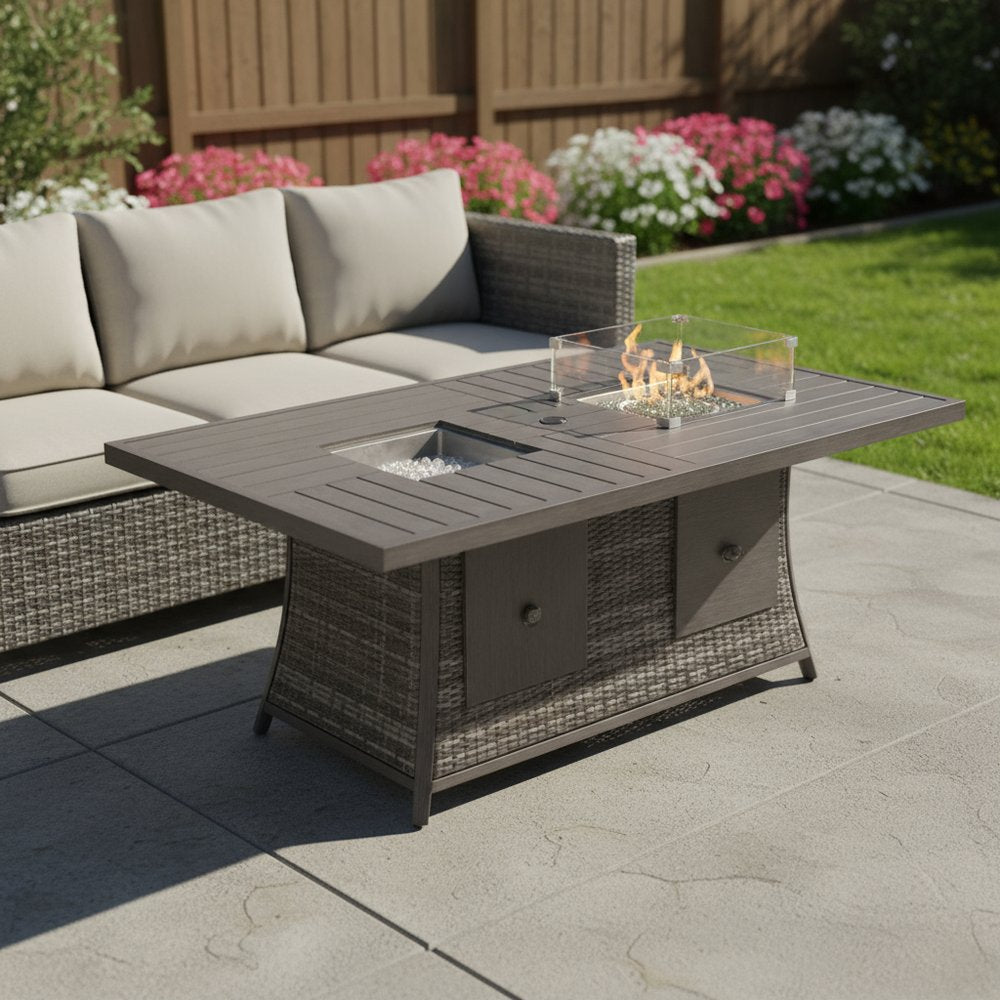 Gray Wicker Outdoor Gas Fire Pit Table with Ice Bucket HomeRoots