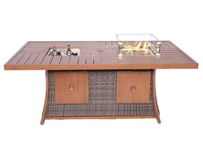 Brown Wicker Outdoor Gas Fire Pit Table with Ice Bucket