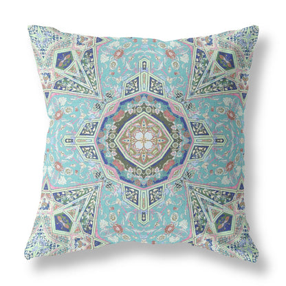 20" Aqua Blue Floral Geometric Suede Throw Pillow FurniFindUSA