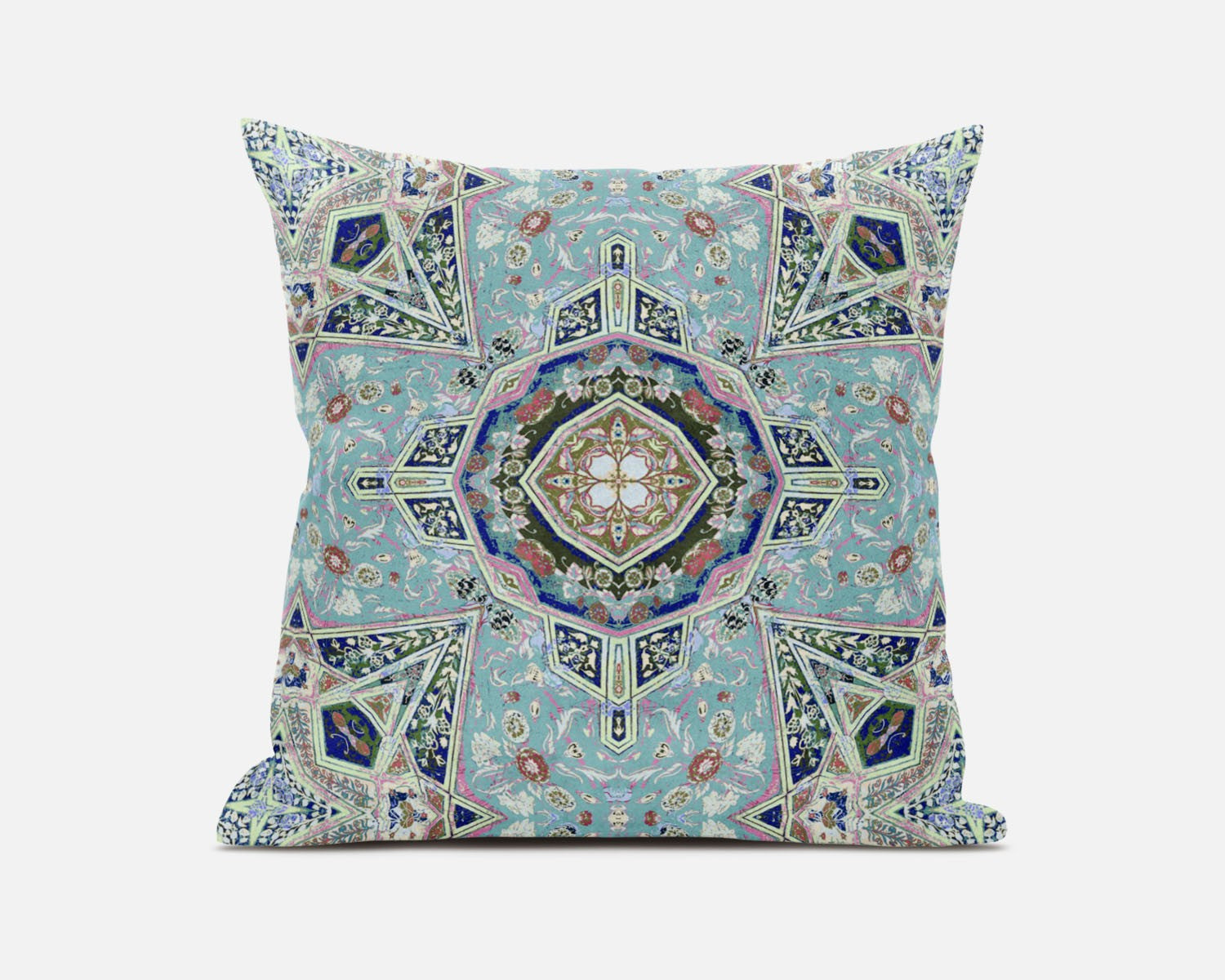 20" Aqua Blue Floral Geometric Suede Throw Pillow FurniFindUSA