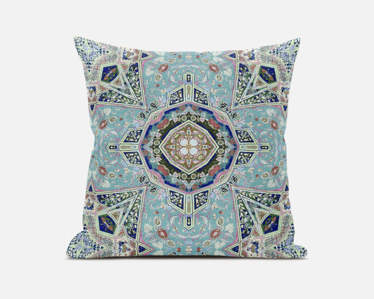 20" Aqua Blue Floral Geometric Suede Throw Pillow FurniFindUSA