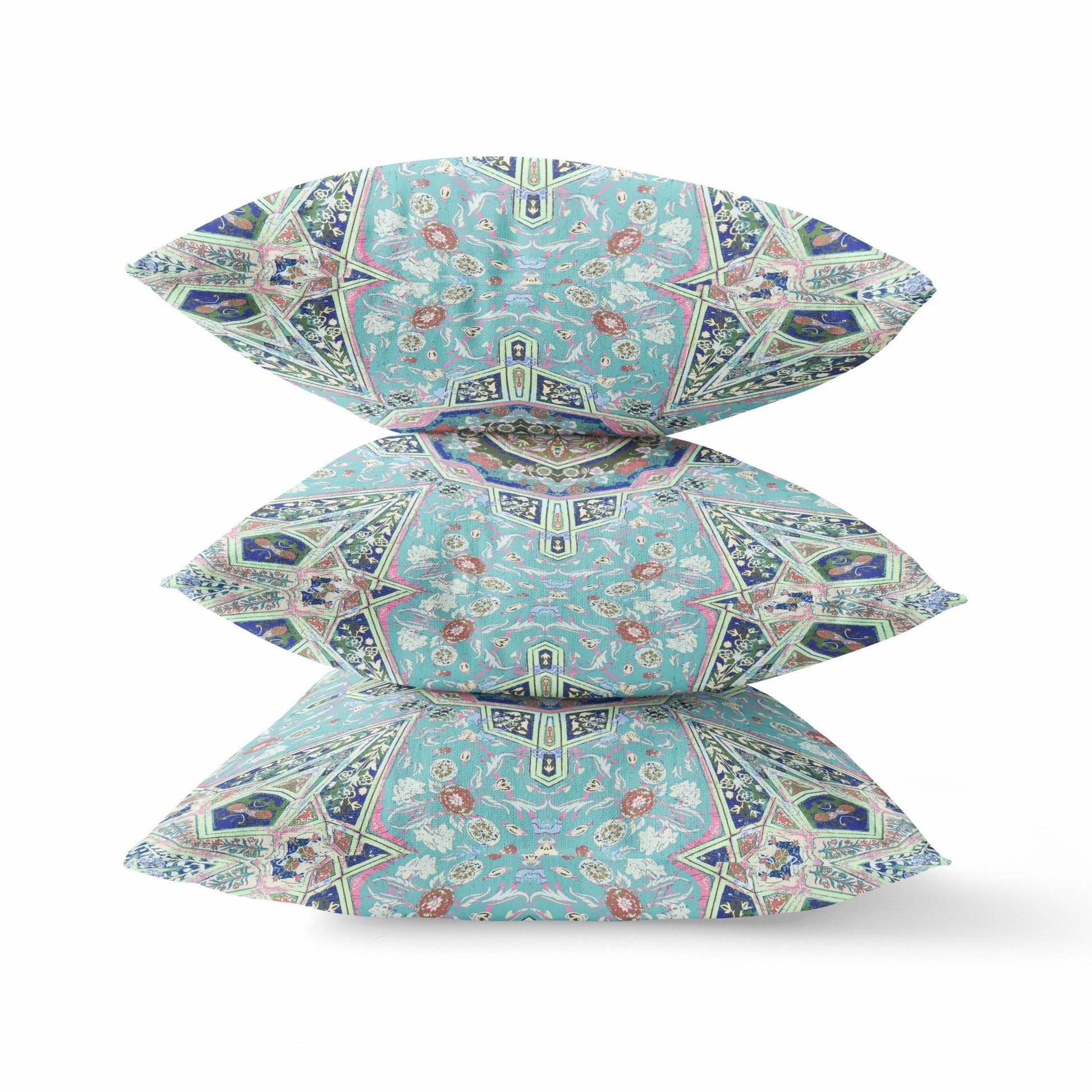 20" Aqua Blue Floral Geometric Suede Throw Pillow FurniFindUSA