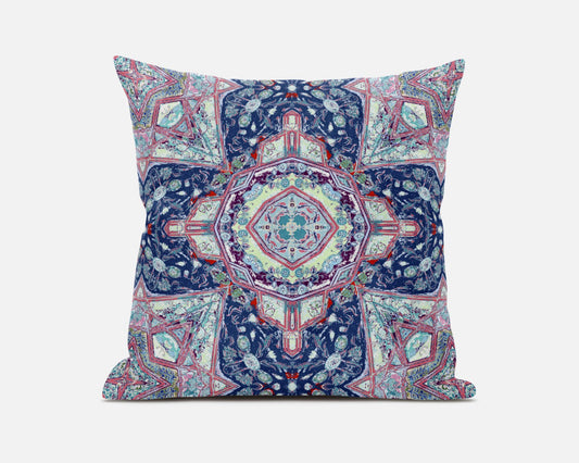 20" Light Blue Pink Floral Geometric Suede Throw Pillow FurniFindUSA
