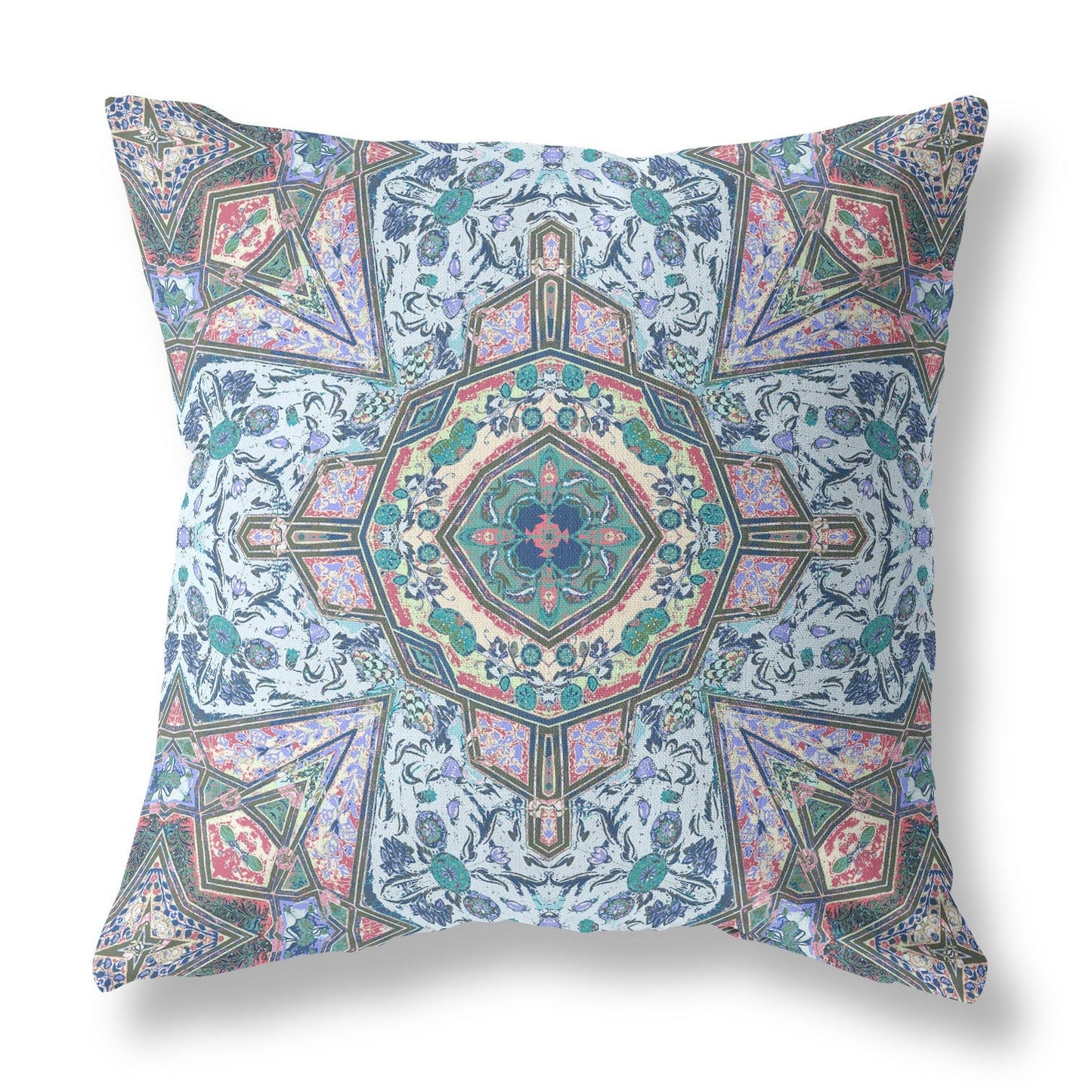 20" Pale Blue Pink Floral Medallion Suede Throw Pillow FurniFindUSA