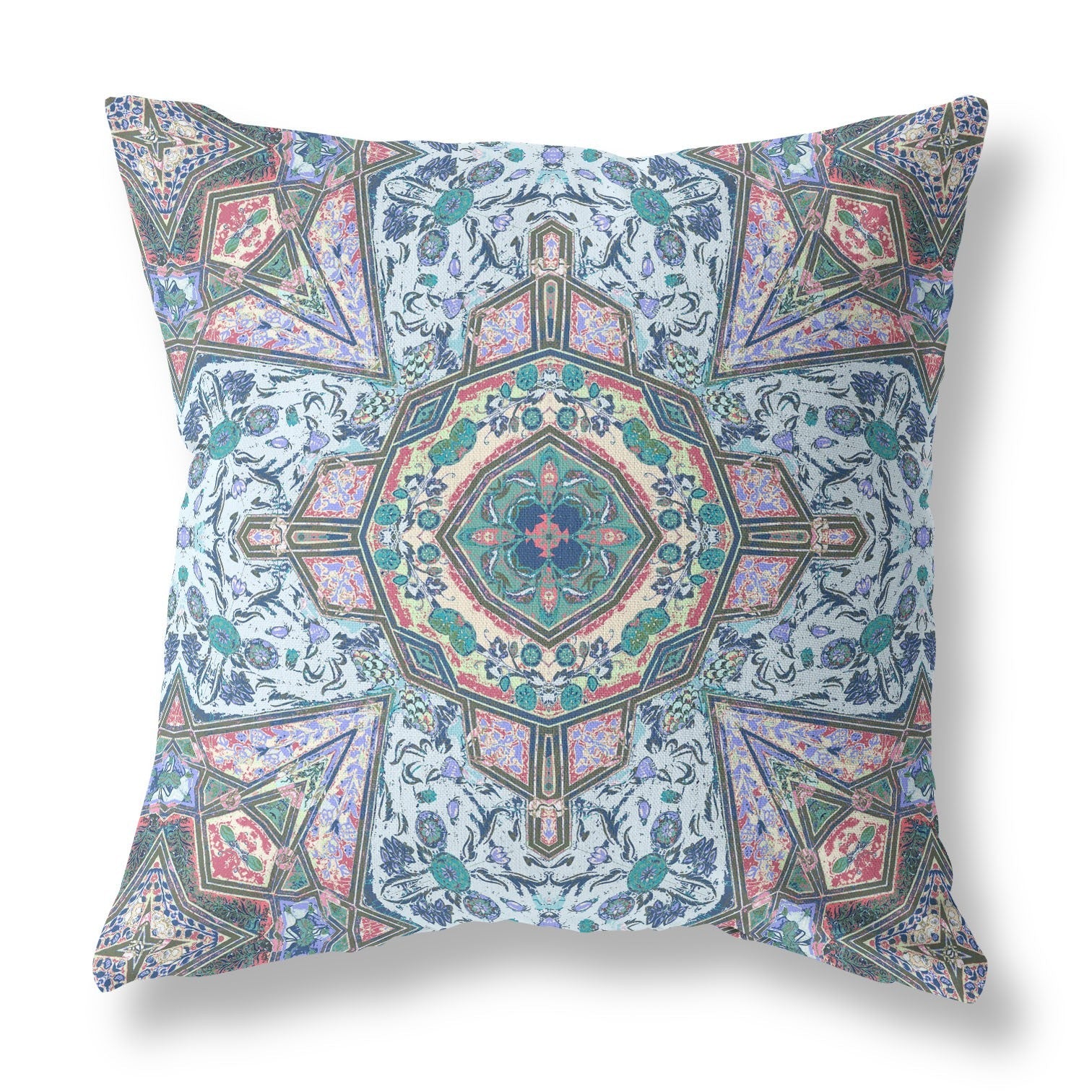 20" Pale Blue Pink Floral Medallion Suede Throw Pillow FurniFindUSA