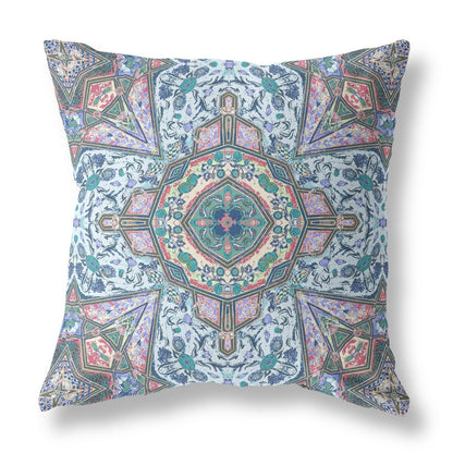 20" Pale Blue Pink Floral Medallion Suede Throw Pillow FurniFindUSA