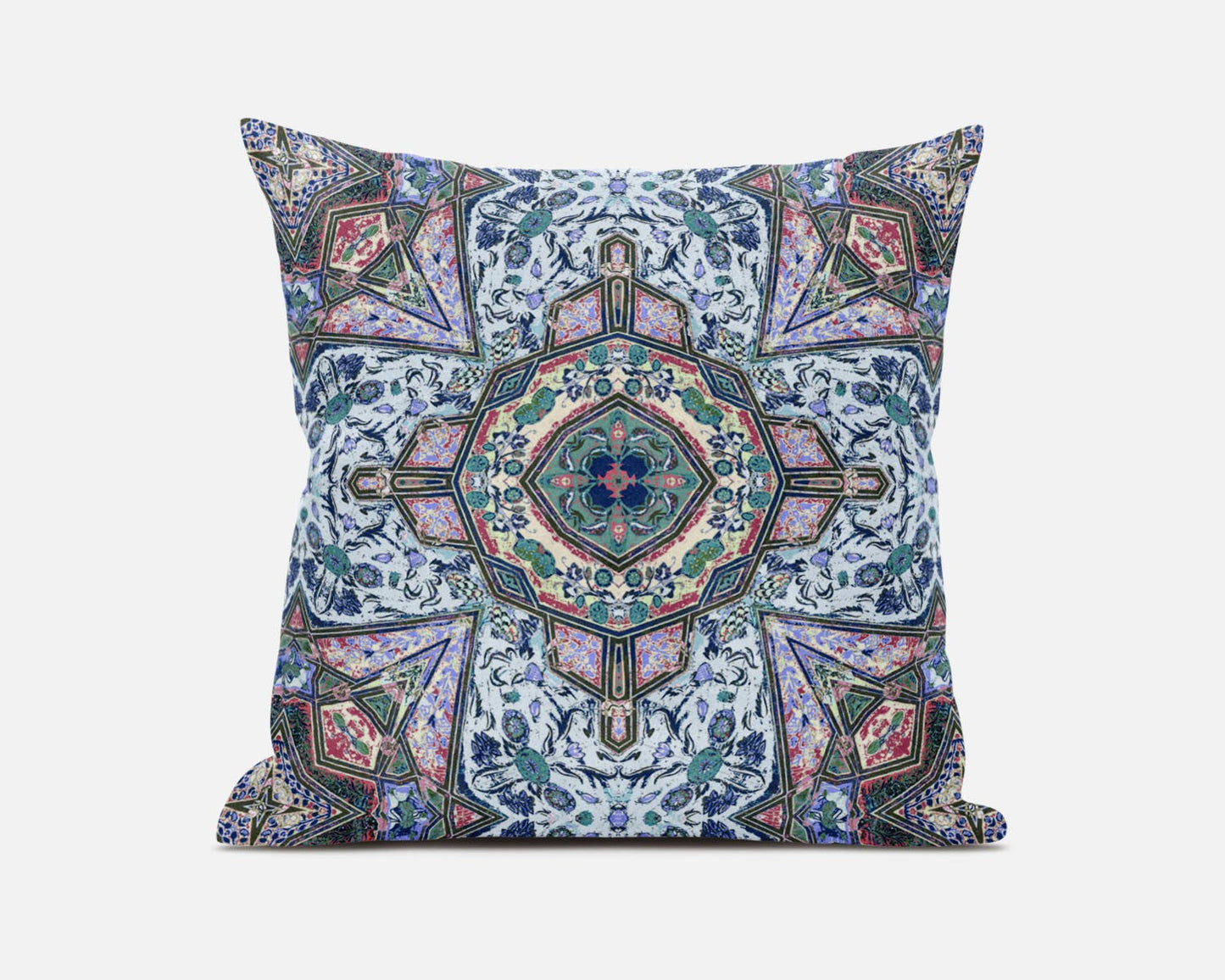 20" Pale Blue Pink Floral Medallion Suede Throw Pillow FurniFindUSA