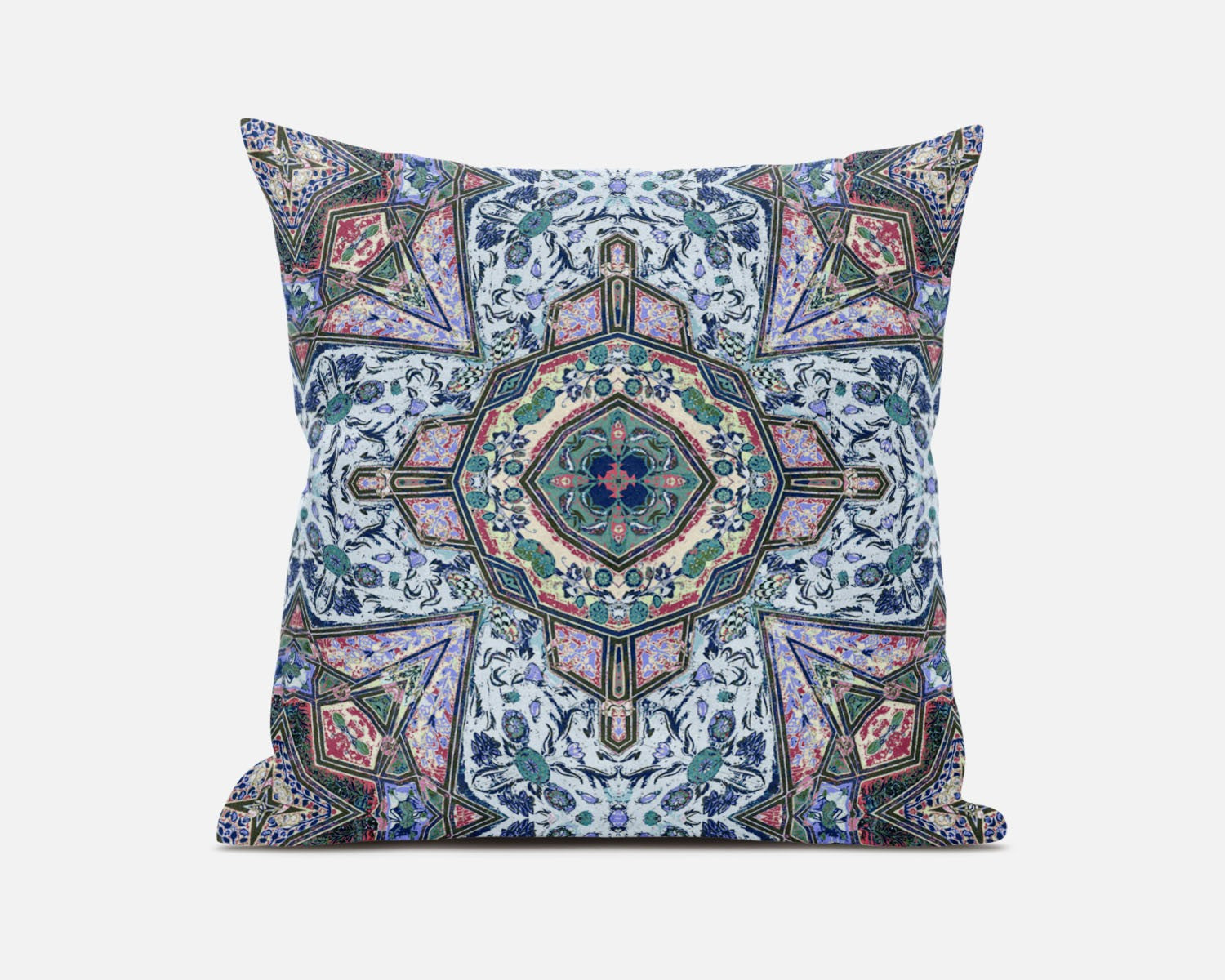20" Pale Blue Pink Floral Medallion Suede Throw Pillow FurniFindUSA