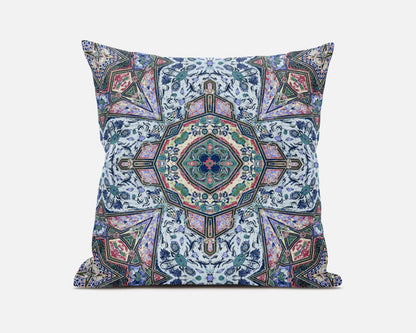20" Pale Blue Pink Floral Medallion Suede Throw Pillow FurniFindUSA