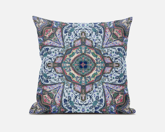 20" Pale Blue Pink Floral Medallion Suede Throw Pillow FurniFindUSA
