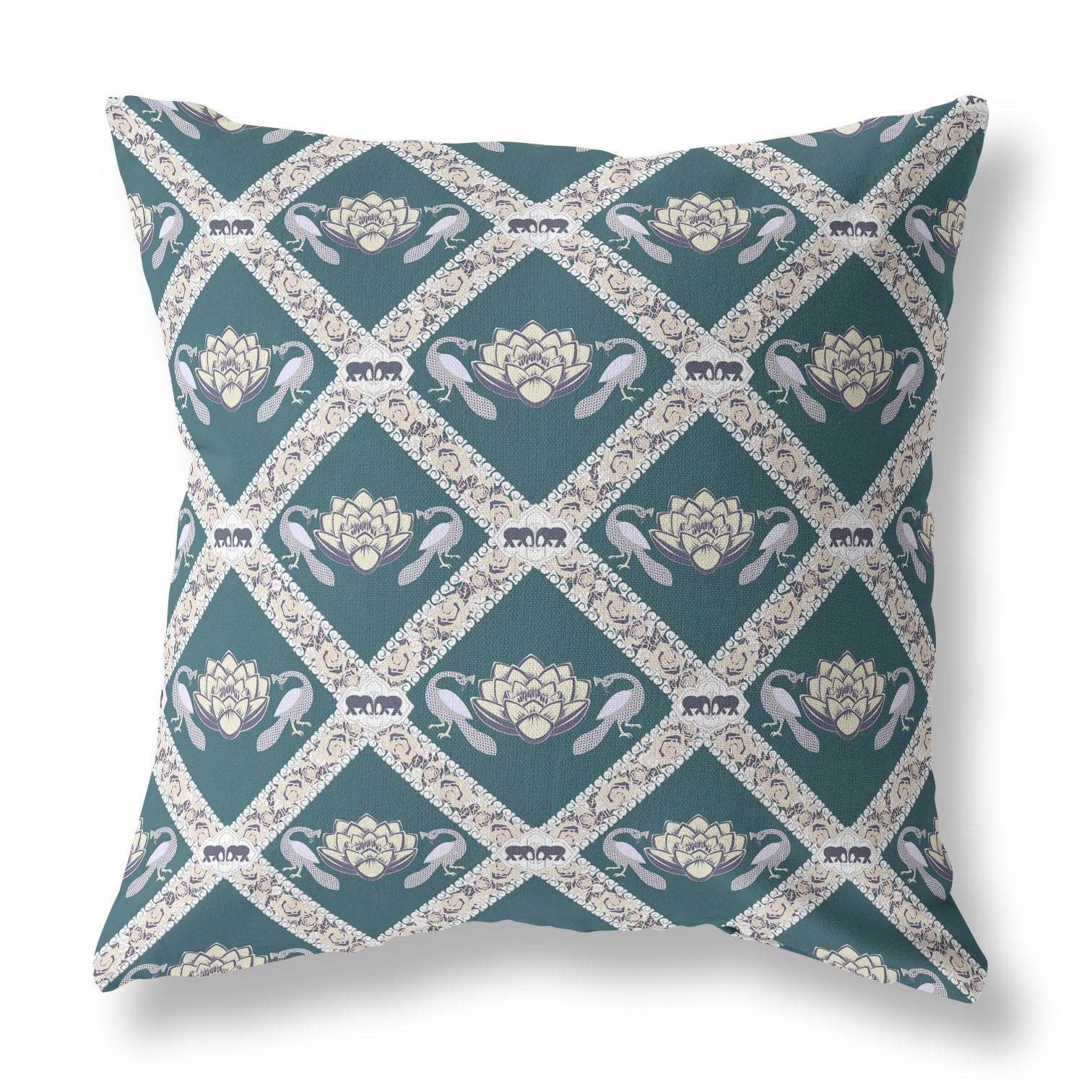 20" X 20" Dark Green Yellow Gray Lotus Floral Blown Seam Suede Throw Pillow FurniFindUSA
