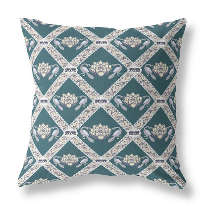 20" X 20" Dark Green Yellow Gray Lotus Floral Blown Seam Suede Throw Pillow FurniFindUSA