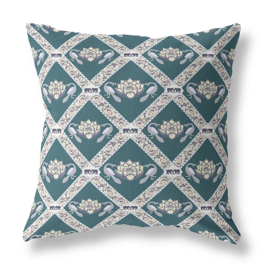 20" X 20" Dark Green Yellow Gray Lotus Floral Blown Seam Suede Throw Pillow FurniFindUSA