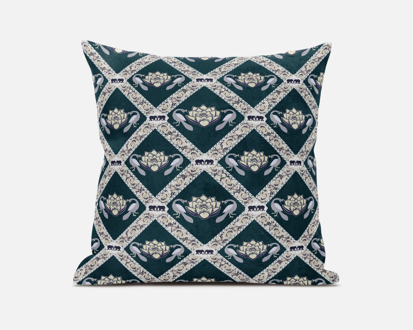 20" X 20" Dark Green Yellow Gray Lotus Floral Blown Seam Suede Throw Pillow FurniFindUSA
