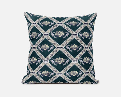 20" X 20" Dark Green Yellow Gray Lotus Floral Blown Seam Suede Throw Pillow FurniFindUSA
