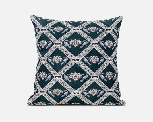 20" X 20" Dark Green Yellow Gray Lotus Floral Blown Seam Suede Throw Pillow FurniFindUSA