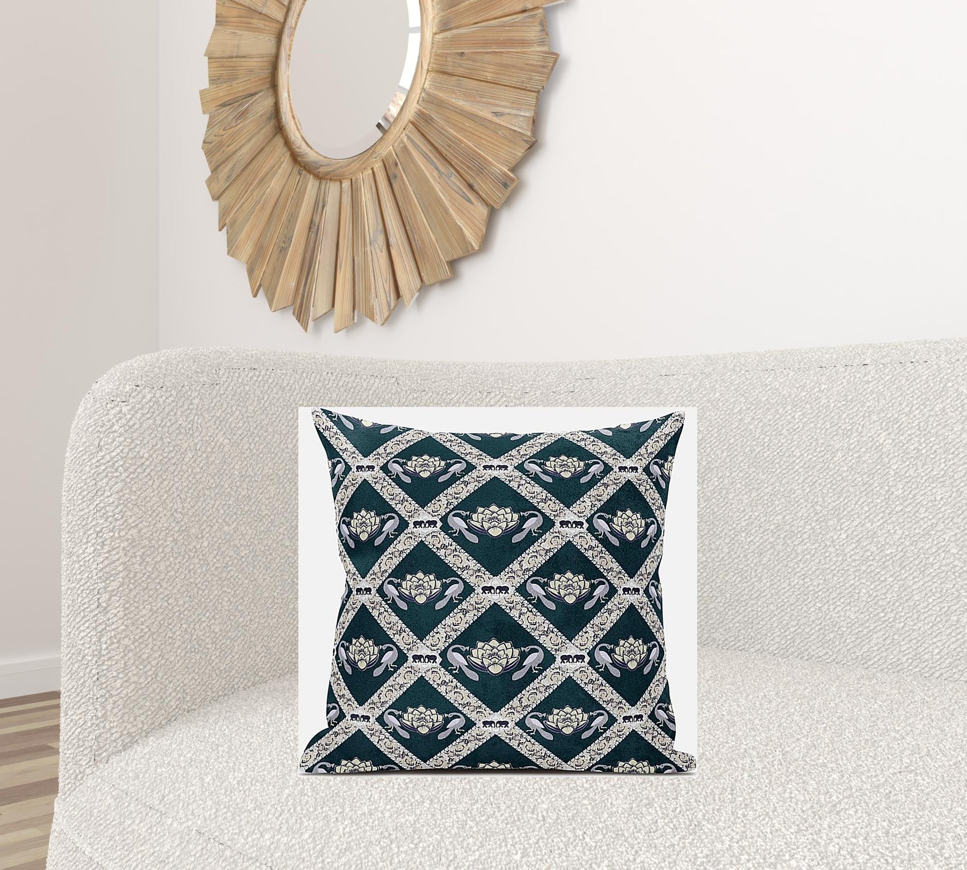 20" X 20" Dark Green Yellow Gray Lotus Floral Blown Seam Suede Throw Pillow FurniFindUSA