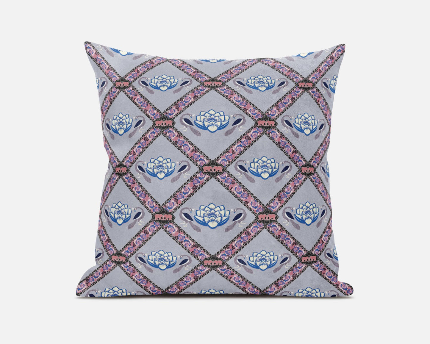 20" X 20" Gray Blue Pink Lotus Floral Blown Seam Suede Throw Pillow FurniFindUSA