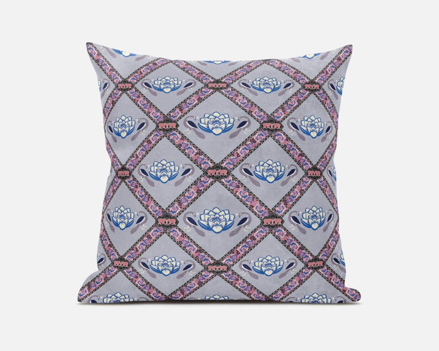 20" X 20" Gray Blue Pink Lotus Floral Blown Seam Suede Throw Pillow FurniFindUSA
