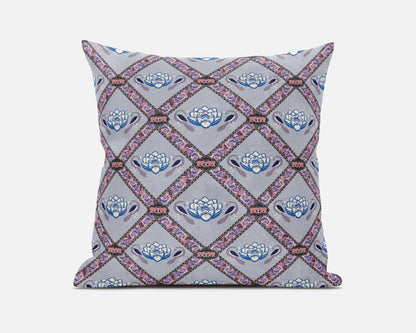 20" X 20" Gray Blue Pink Lotus Floral Blown Seam Suede Throw Pillow FurniFindUSA