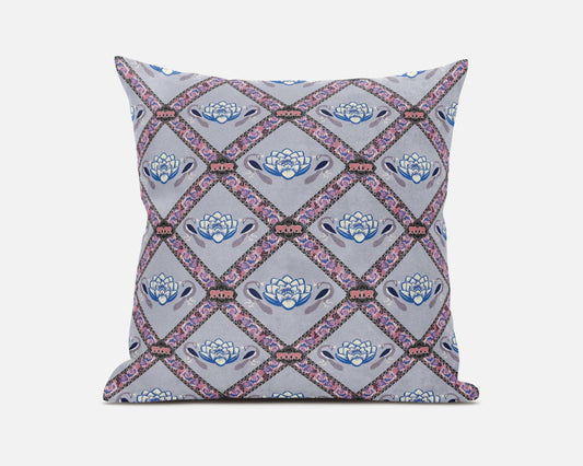 20" X 20" Gray Blue Pink Lotus Floral Blown Seam Suede Throw Pillow FurniFindUSA