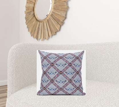 20" X 20" Gray Blue Pink Lotus Floral Blown Seam Suede Throw Pillow FurniFindUSA