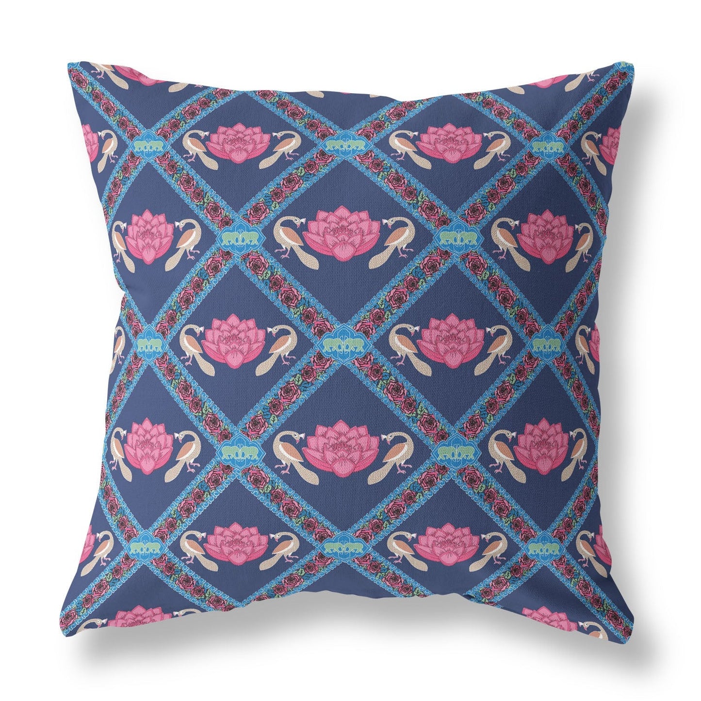 20" X 20" Indigo Pink Lotus Floral Blown Seam Suede Throw Pillow FurniFindUSA