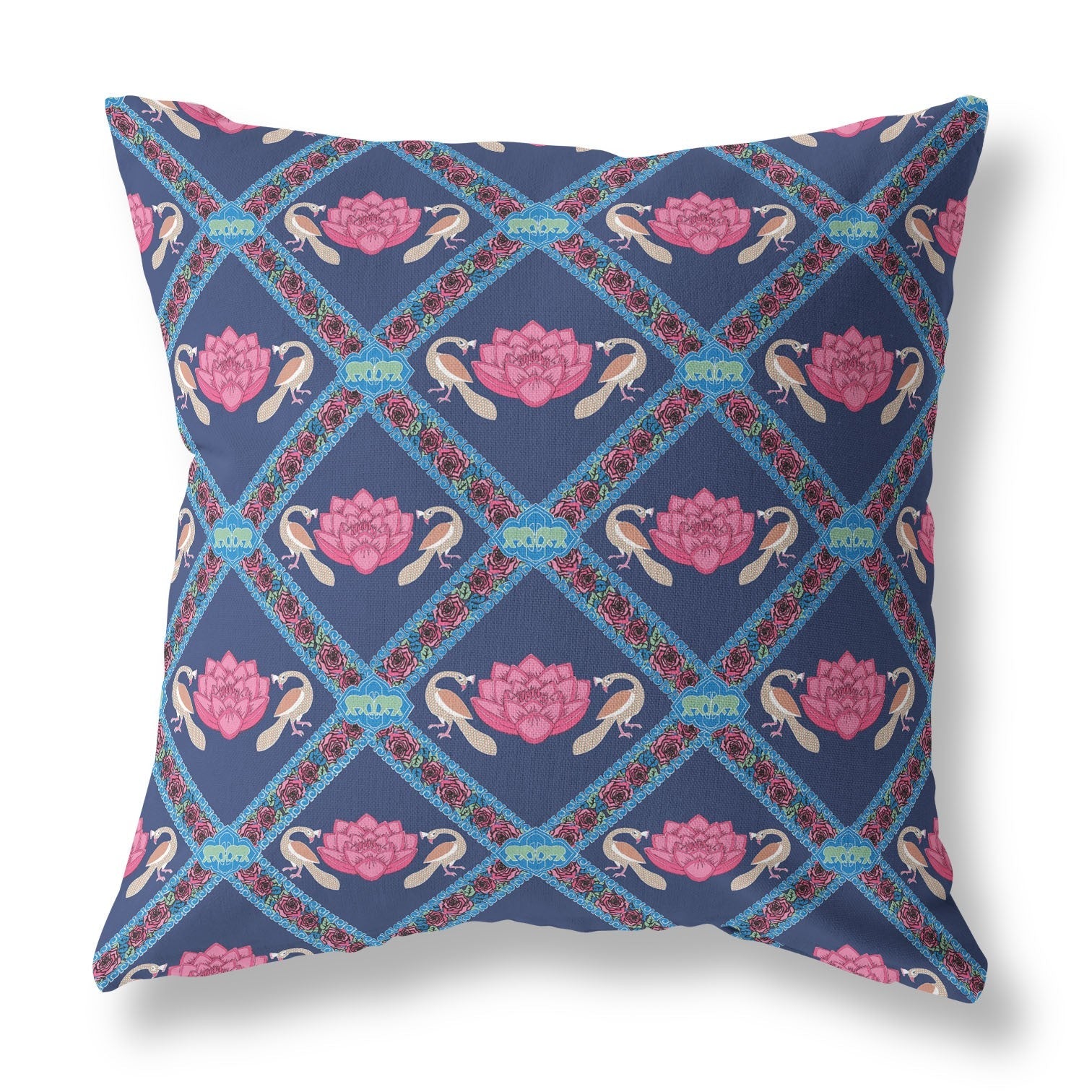 20" X 20" Indigo Pink Lotus Floral Blown Seam Suede Throw Pillow FurniFindUSA