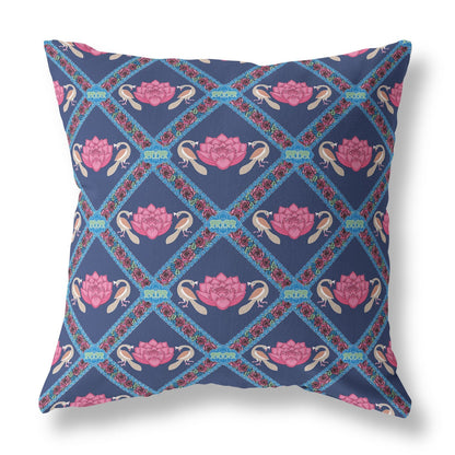 20" X 20" Indigo Pink Lotus Floral Blown Seam Suede Throw Pillow FurniFindUSA