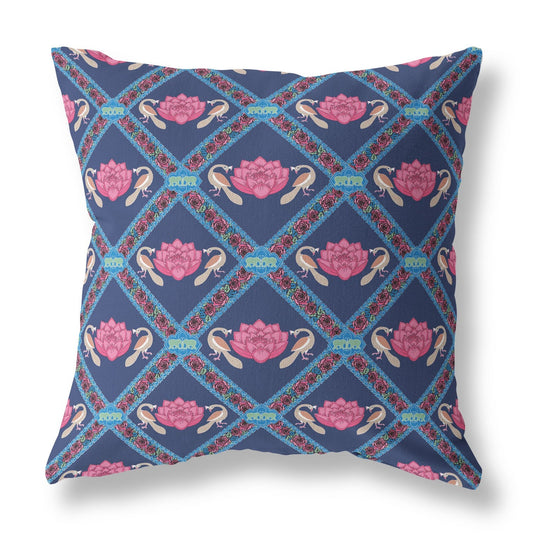 20" X 20" Indigo Pink Lotus Floral Blown Seam Suede Throw Pillow FurniFindUSA