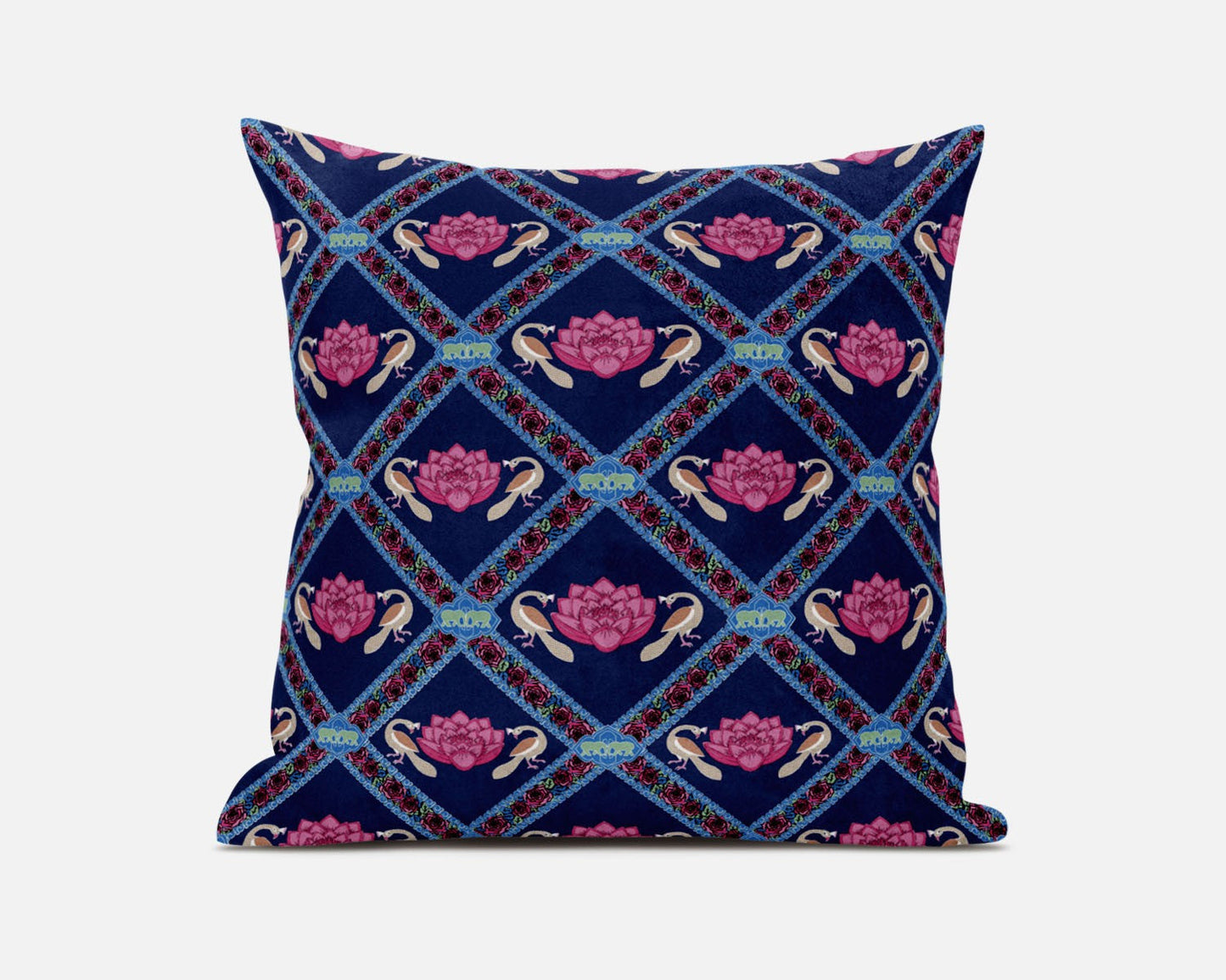 20" X 20" Indigo Pink Lotus Floral Blown Seam Suede Throw Pillow FurniFindUSA