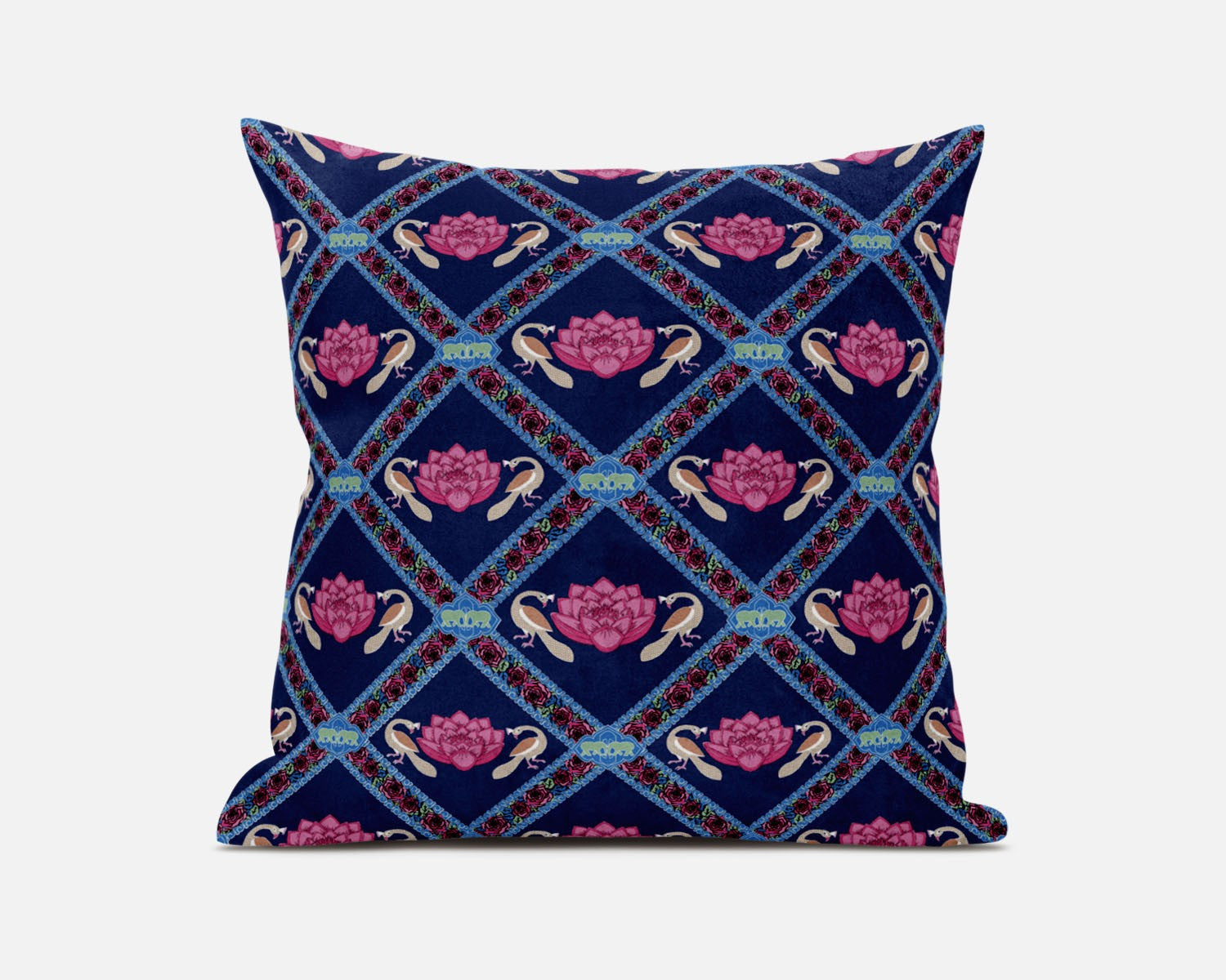 20" X 20" Indigo Pink Lotus Floral Blown Seam Suede Throw Pillow FurniFindUSA