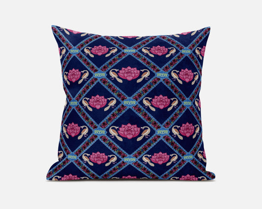 20" X 20" Indigo Pink Lotus Floral Blown Seam Suede Throw Pillow FurniFindUSA