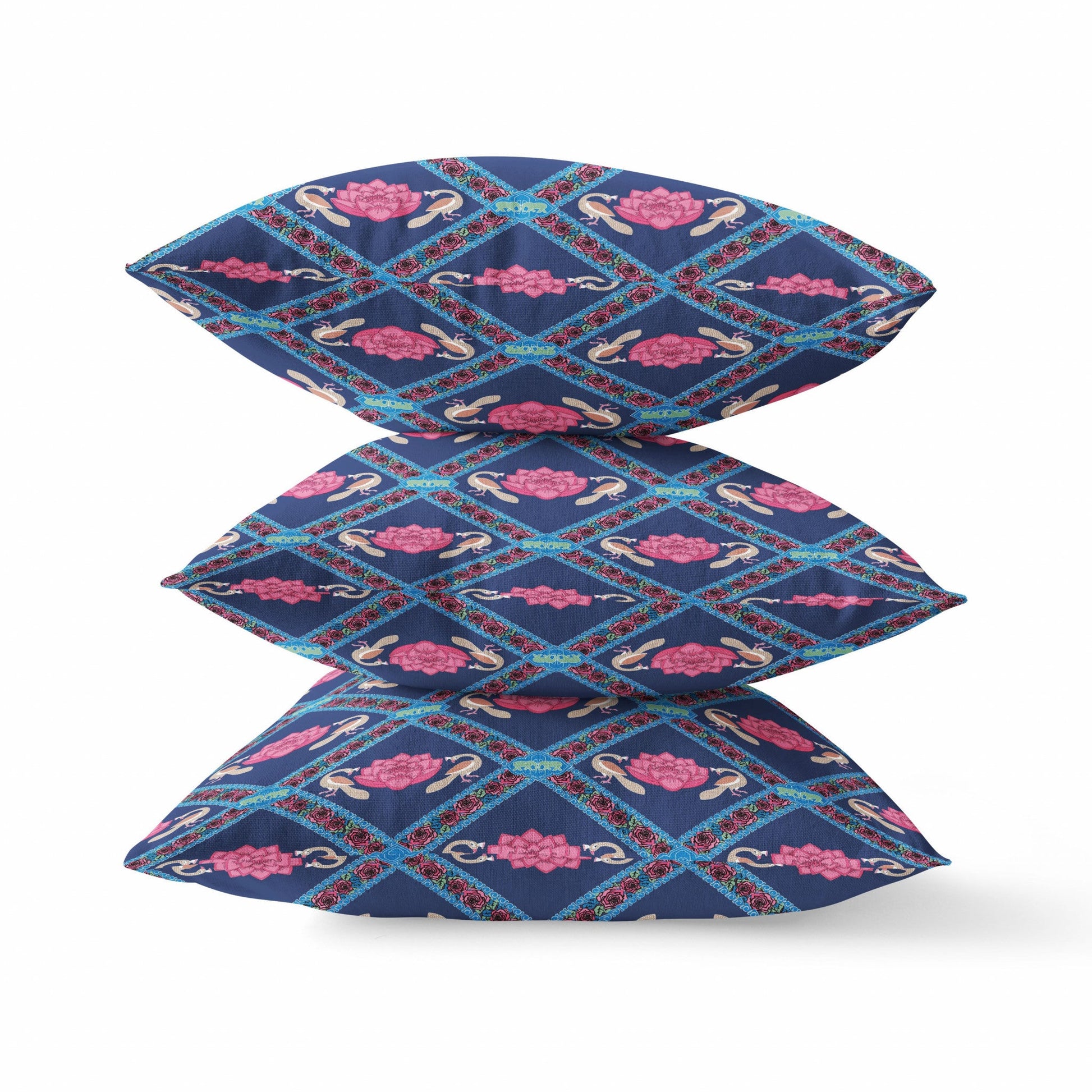 20" X 20" Indigo Pink Lotus Floral Blown Seam Suede Throw Pillow FurniFindUSA