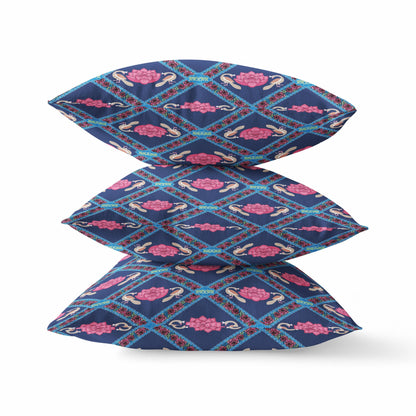 20" X 20" Indigo Pink Lotus Floral Blown Seam Suede Throw Pillow FurniFindUSA