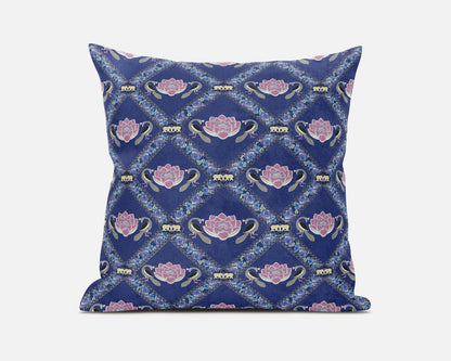 20" X 20" Purple Blue Pink Lotus Floral Blown Seam Suede Throw Pillow FurniFindUSA