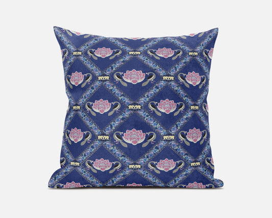 20" X 20" Purple Blue Pink Lotus Floral Blown Seam Suede Throw Pillow FurniFindUSA