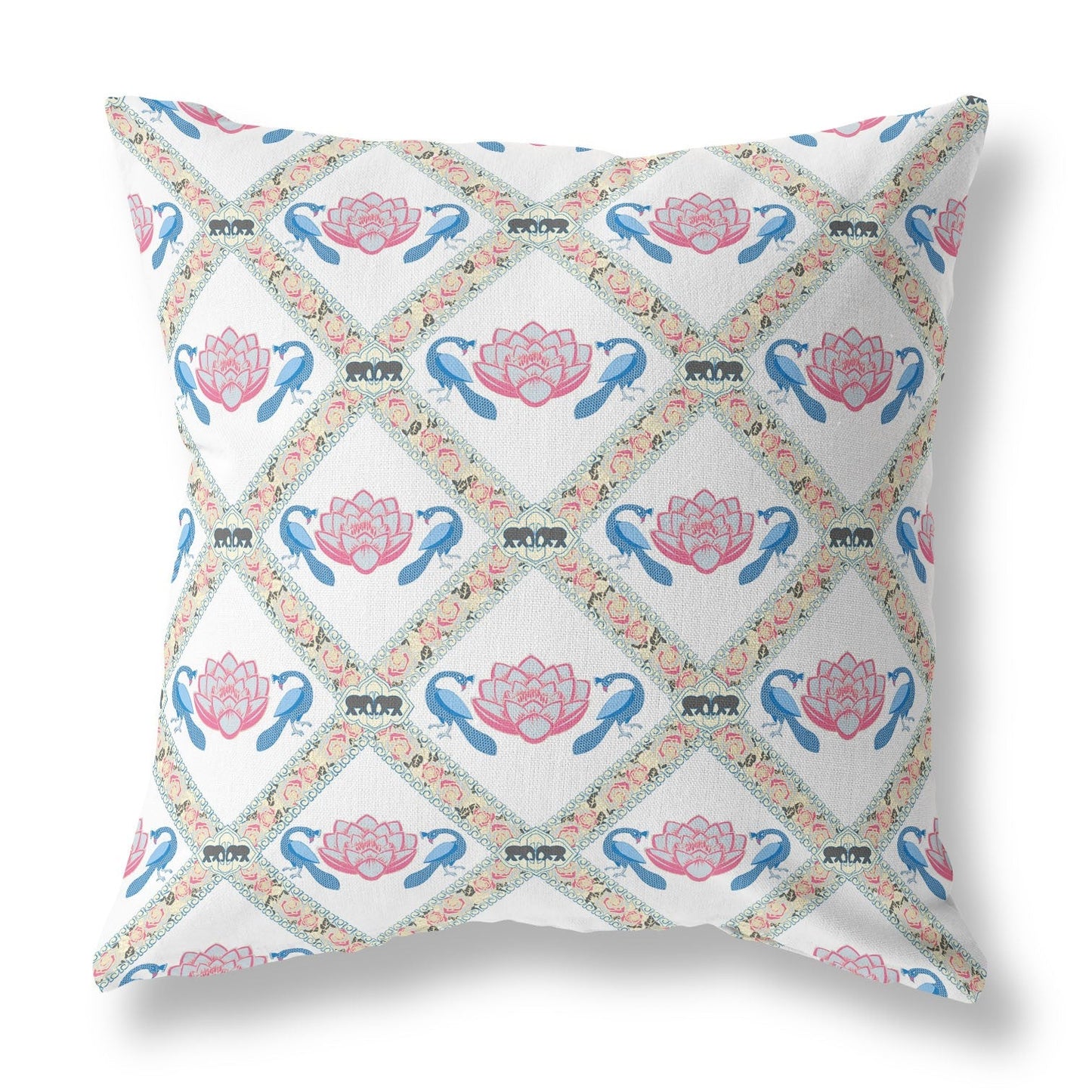 20" X 20" White Blue Gray Lotus Floral Blown Seam Suede Throw Pillow FurniFindUSA