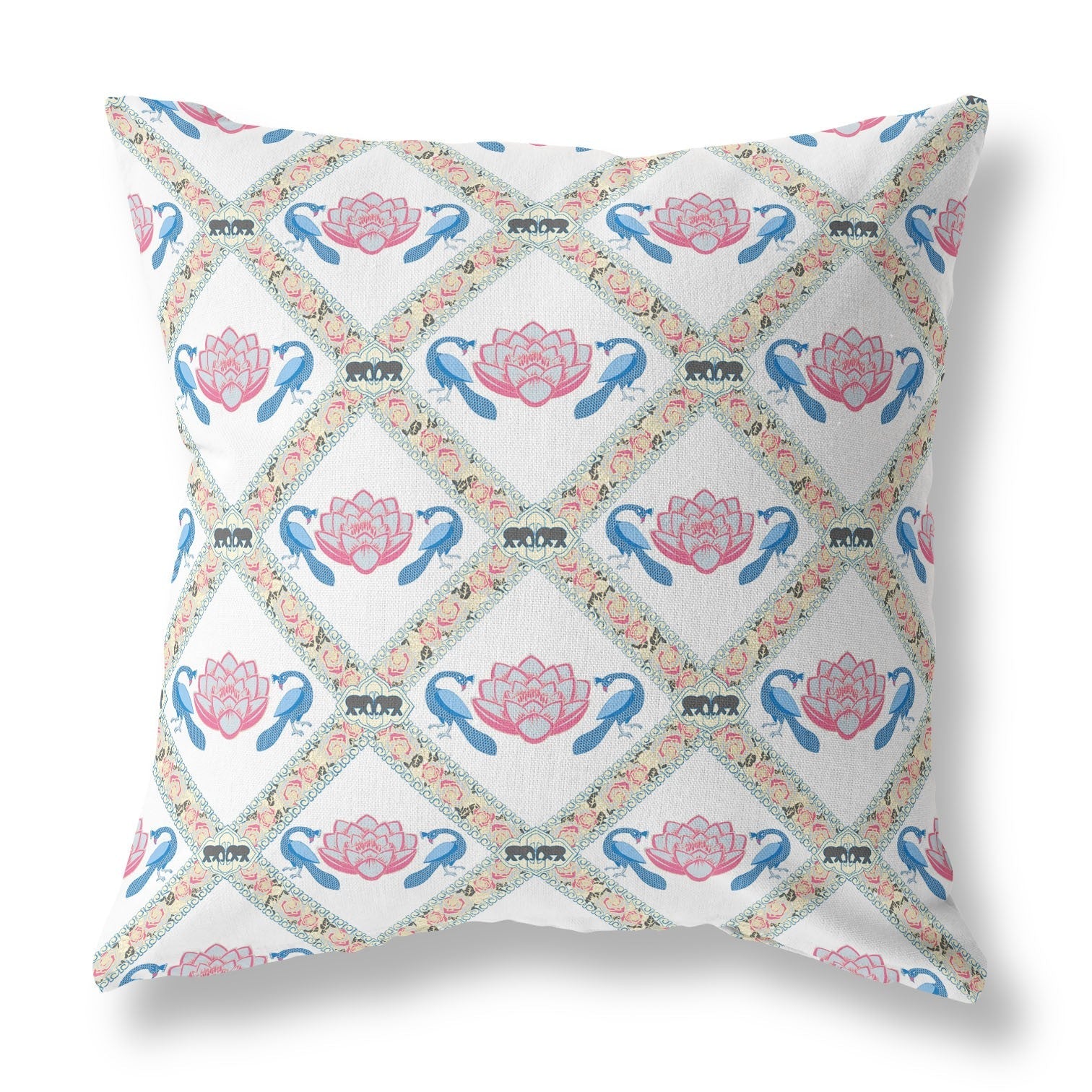 20" X 20" White Blue Gray Lotus Floral Blown Seam Suede Throw Pillow FurniFindUSA