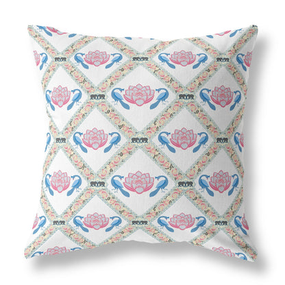 20" X 20" White Blue Gray Lotus Floral Blown Seam Suede Throw Pillow FurniFindUSA