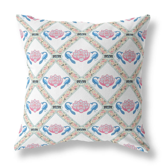 20" X 20" White Blue Gray Lotus Floral Blown Seam Suede Throw Pillow FurniFindUSA