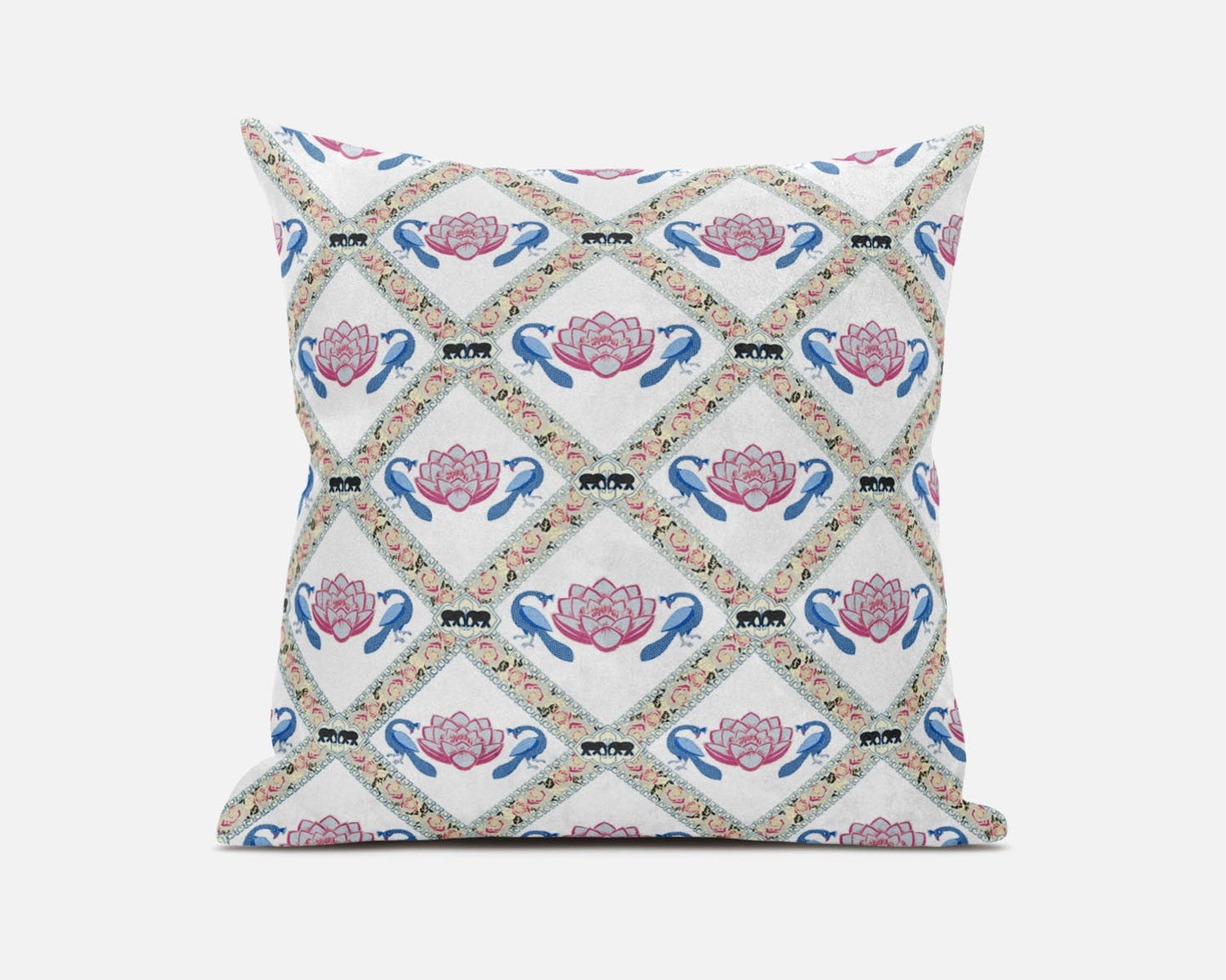 20" X 20" White Blue Gray Lotus Floral Blown Seam Suede Throw Pillow FurniFindUSA